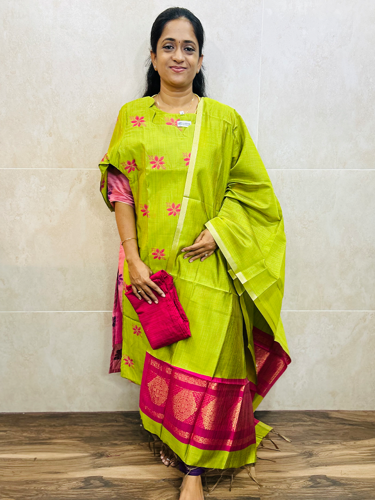 Soft silk top (cotton lining) with all over zari weaving paired with zari weaved soft silk dupatta and silk bottom (free size)