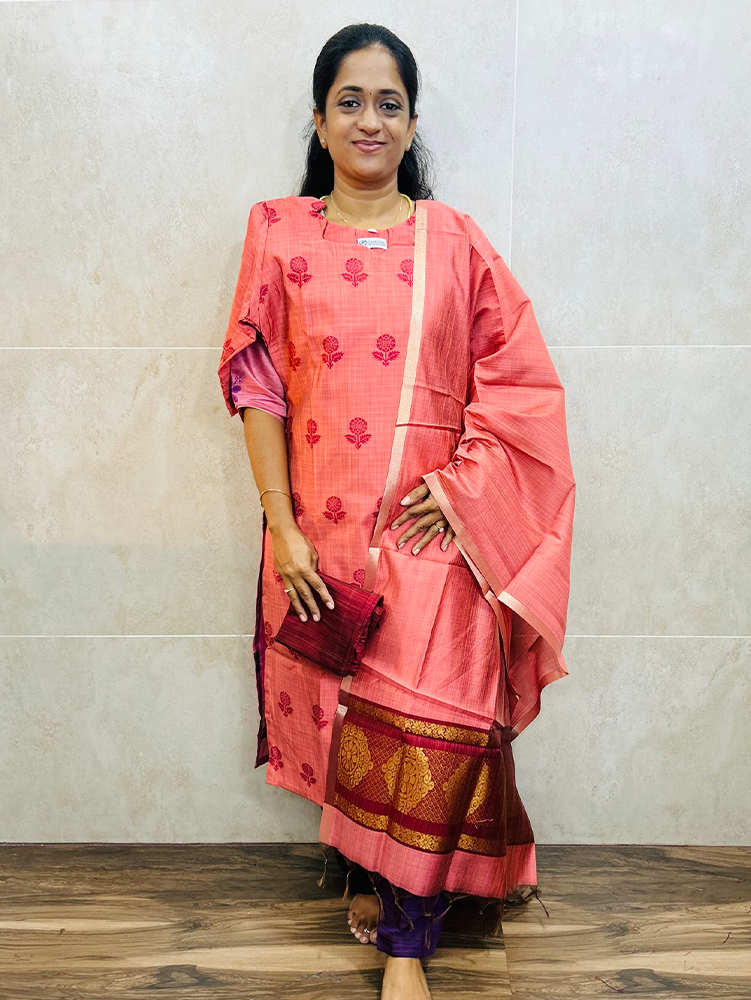 Soft silk top (cotton lining) with all over zari weaving paired with zari weaved soft silk dupatta and silk bottom (free size)