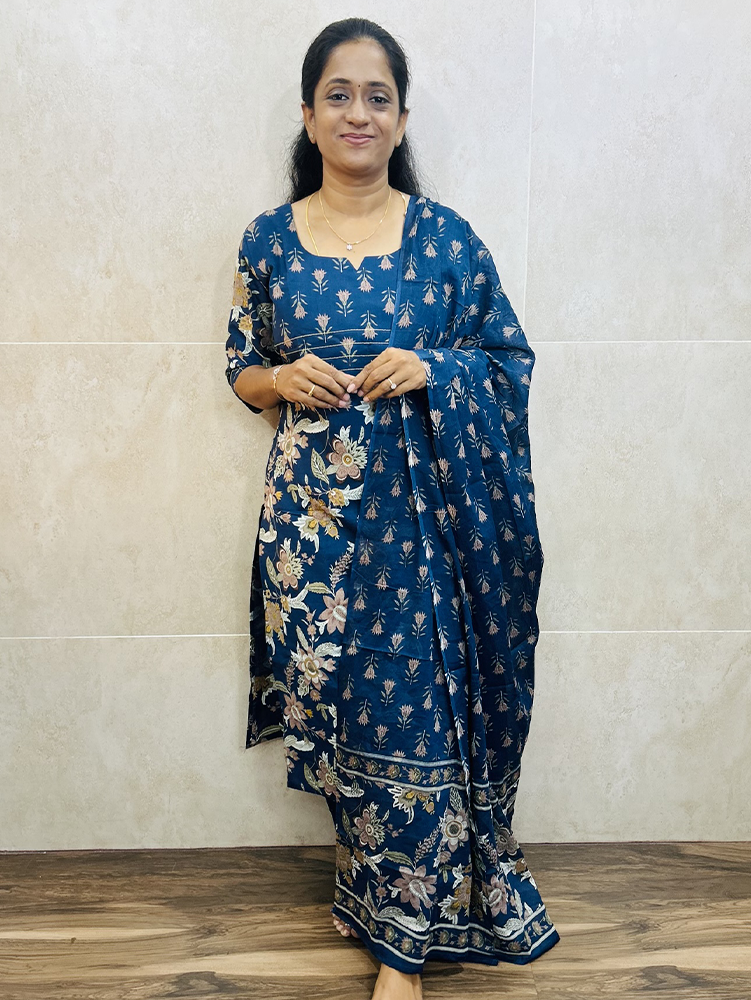 Printed Jaipur cotton top (cotton lining) with hand worked yoke paired with printed cotton dupatta and cotton bottom (Free size)