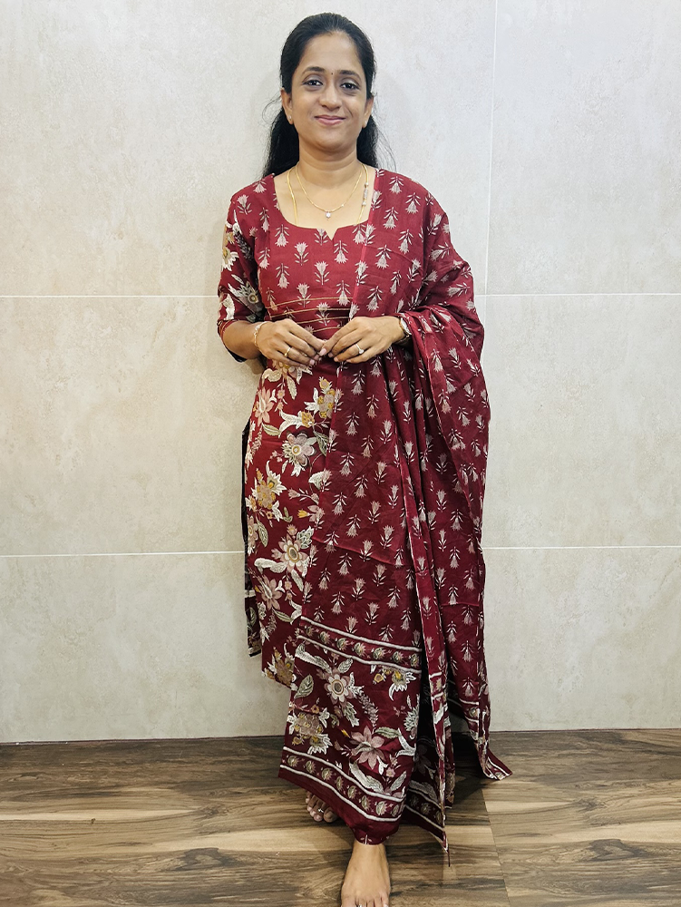 Printed Jaipur cotton top (cotton lining) with hand worked yoke paired with printed cotton dupatta and cotton bottom (Free size)