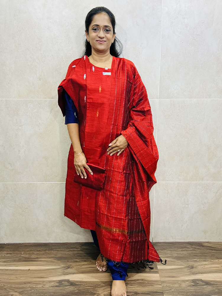 Semi raw silk top (cotton lining) paired with semi raw silk dupatta and semi raw silk bottom (Free size)