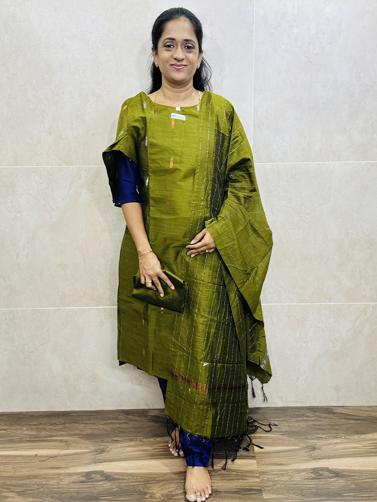 Semi raw silk top (cotton lining) paired with semi raw silk dupatta and semi raw silk bottom (Free size)