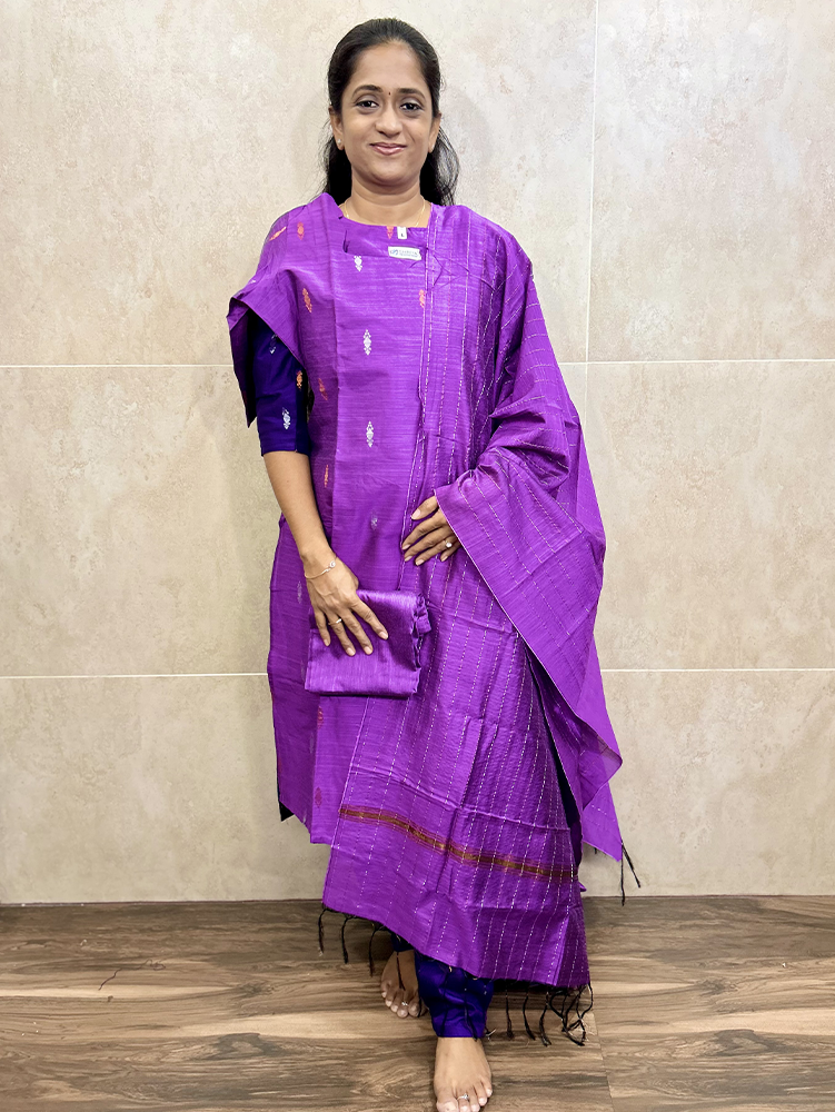 Semi raw silk top (cotton lining) paired with semi raw silk dupatta and semi raw silk bottom (Free size)