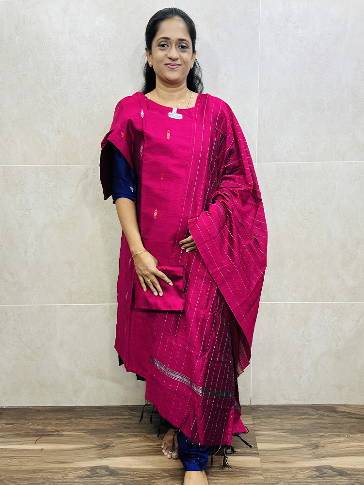 Semi raw silk top (cotton lining) paired with semi raw silk dupatta and semi raw silk bottom (Free size)