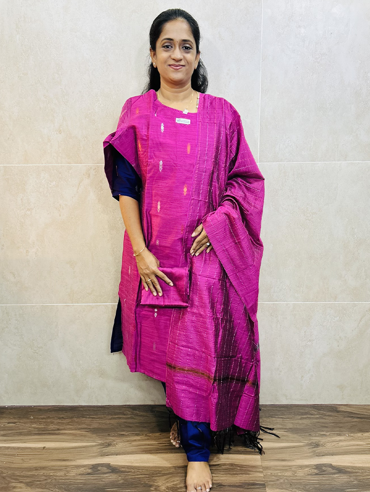 Semi raw silk top (cotton lining) paired with semi raw silk dupatta and semi raw silk bottom (Free size)