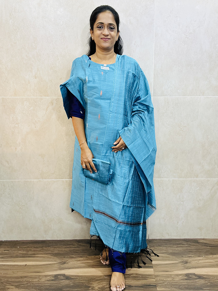 Semi raw silk top (cotton lining) paired with semi raw silk dupatta and semi raw silk bottom (Free size)