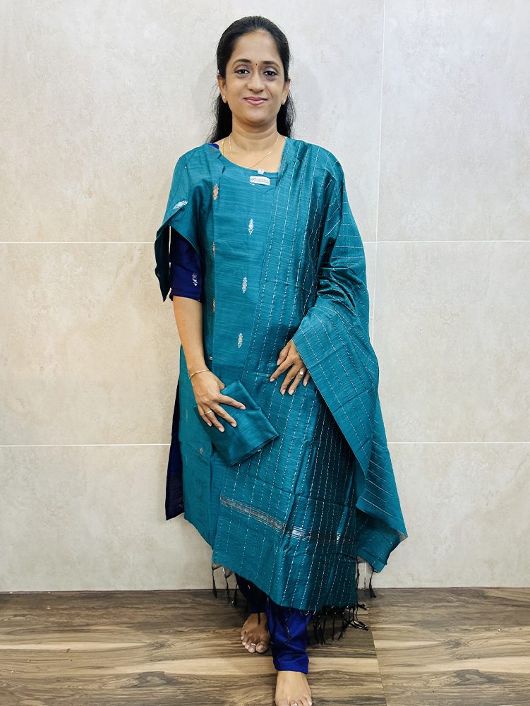 Semi raw silk top (cotton lining) paired with semi raw silk dupatta and semi raw silk bottom (Free size)