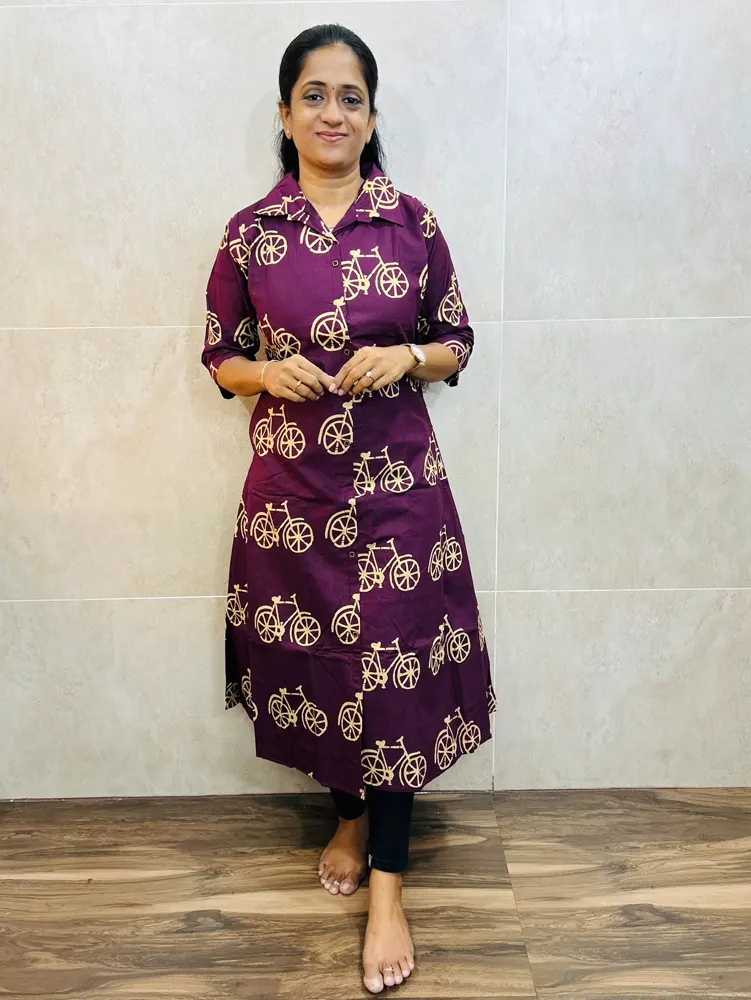 Printed cotton top(cotton lining)with allover fancy button(Aline with 1-side pocket)
