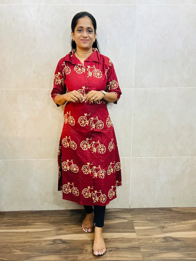Printed cotton top(cotton lining)with allover fancy button(Aline with 1-side pocket)