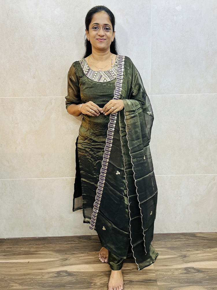 Soft tissue silk top (crepe lining) with hand worked yoke paired with embroidered soft tissue silk dupatta and silk bottom (straight cut)