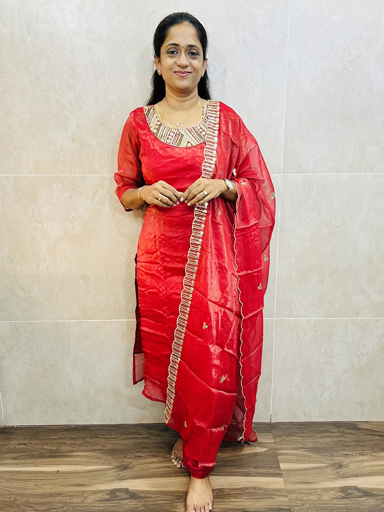 Soft tissue silk top (crepe lining) with hand worked yoke paired with embroidered soft tissue silk dupatta and silk bottom (straight cut)