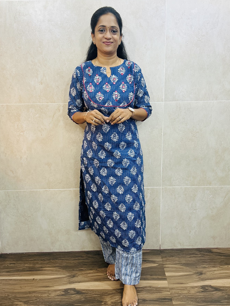 Printed rayon top (cotton lining) with mirror worked yoke paired with printed rayon bottom (straight cut)