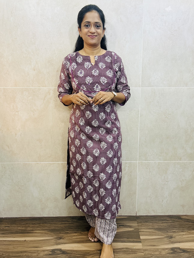 Printed rayon top (cotton lining) with mirror worked yoke paired with printed rayon bottom (straight cut)