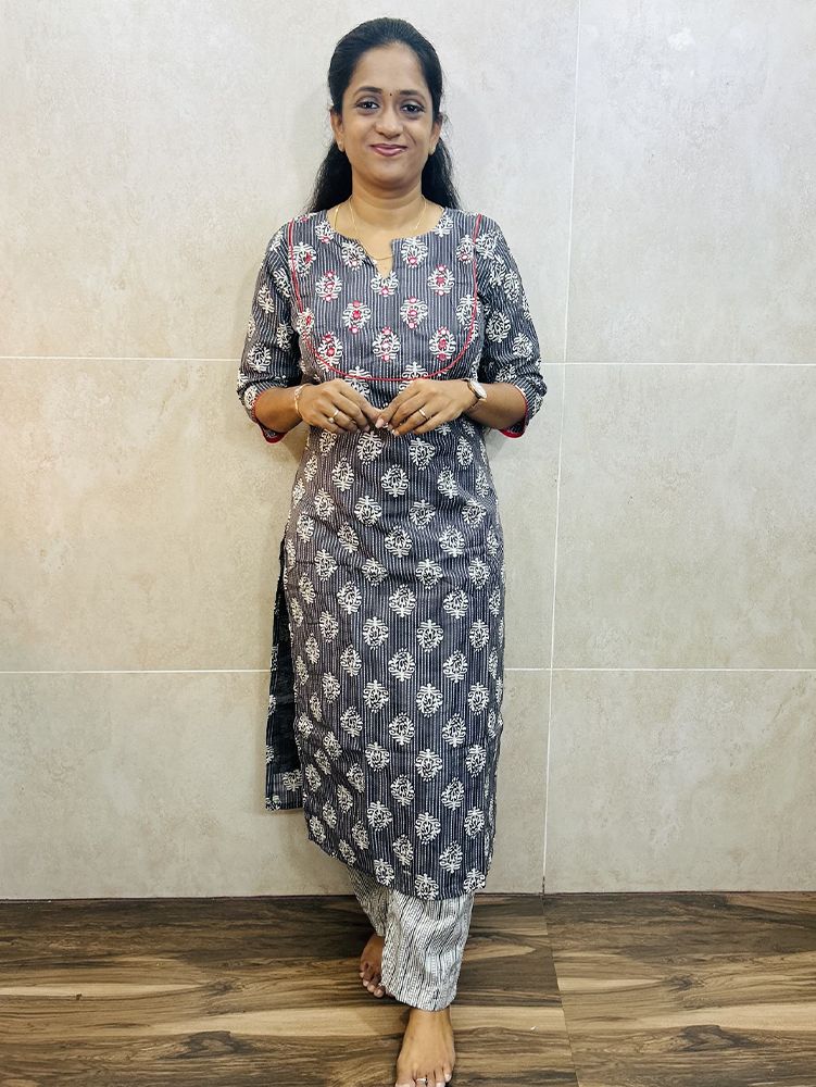 Printed rayon top (cotton lining) with mirror worked yoke paired with printed rayon bottom (straight cut)