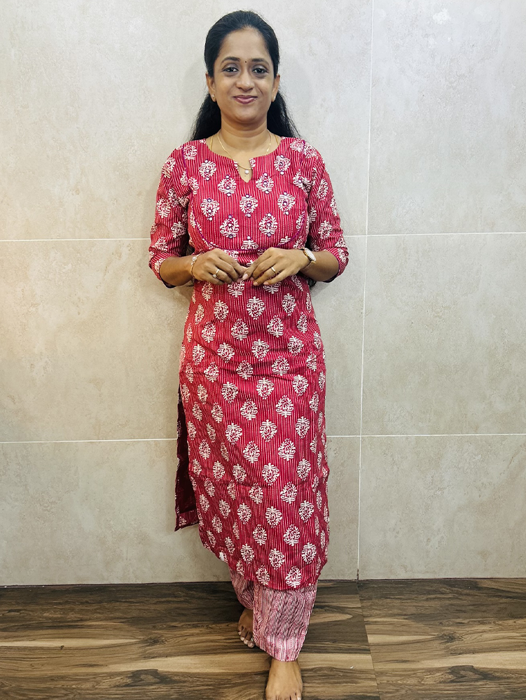 Printed rayon top (cotton lining) with mirror worked yoke paired with printed rayon bottom (straight cut)