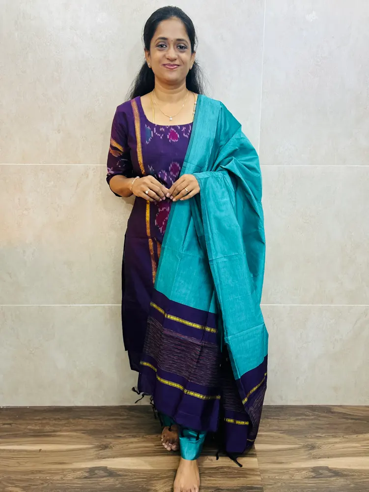 Premium Pochampally handloom silk cotton top (cotton lining) paired with silk cotton dupatta and silk bottom (Free size)