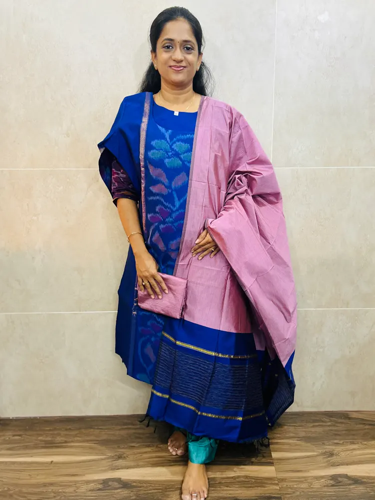 Premium Pochampally handloom silk cotton top (cotton lining) paired with silk cotton dupatta and silk bottom (Free size)