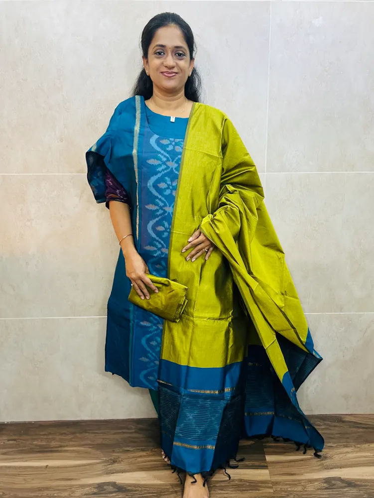 Premium Pochampally handloom silk cotton top (cotton lining) paired with silk cotton dupatta and silk bottom (Free size)
