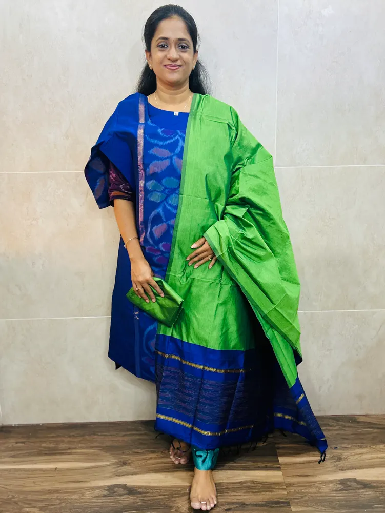 Premium Pochampally handloom silk cotton top (cotton lining) paired with silk cotton dupatta and silk bottom (Free size)