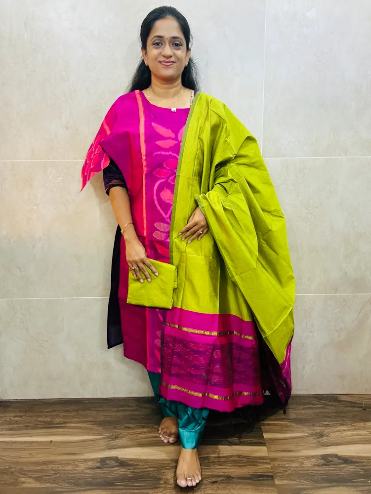 Premium Pochampally handloom silk cotton top (cotton lining) paired with silk cotton dupatta and silk bottom (Free size)