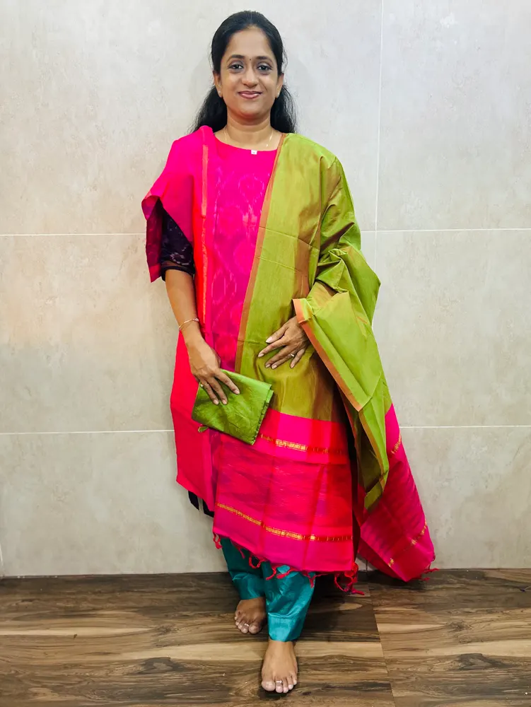 Premium Pochampally handloom silk cotton top (cotton lining) paired with silk cotton dupatta and silk bottom (Free size)