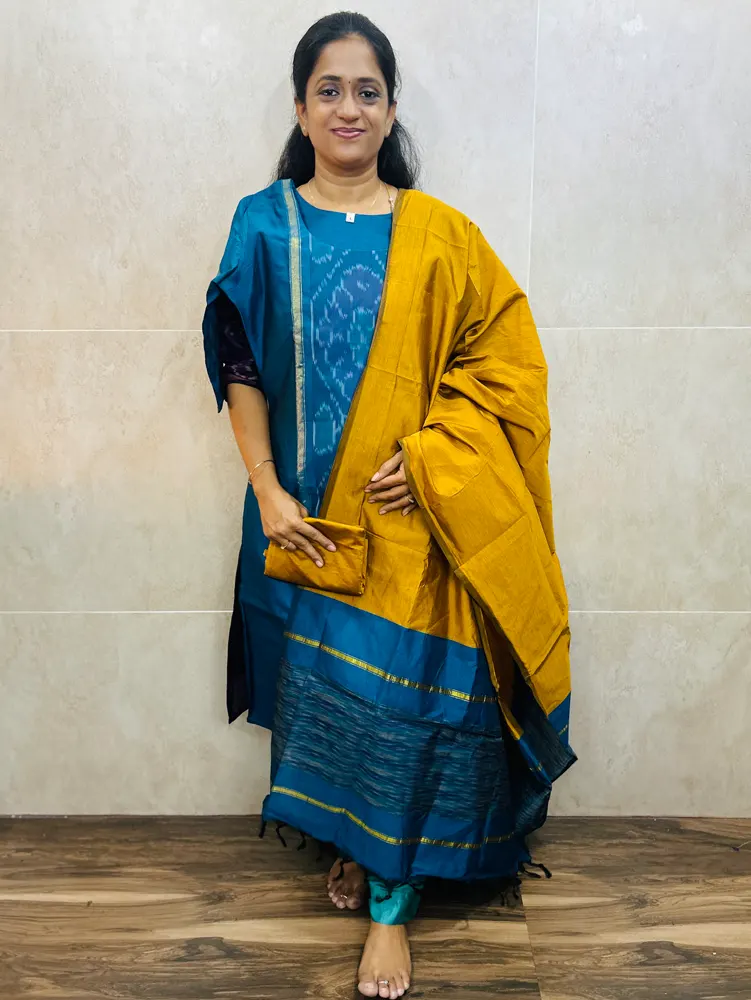 Premium Pochampally handloom silk cotton top (cotton lining) paired with silk cotton dupatta and silk bottom (Free size)