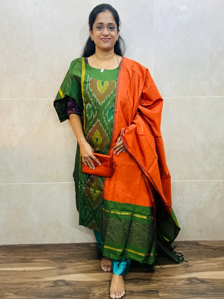 Premium Pochampally handloom silk cotton top (cotton lining) paired with silk cotton dupatta and silk bottom (Free size)