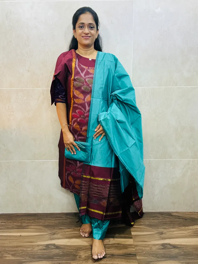 Premium Pochampally handloom silk cotton top (cotton lining) paired with silk cotton dupatta and silk bottom (Free size)