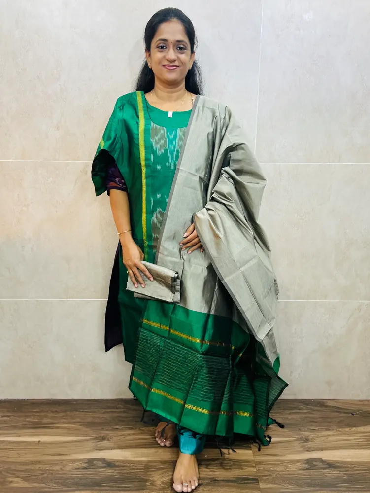 Premium Pochampally handloom silk cotton top (cotton lining) paired with silk cotton dupatta and silk bottom (Free size)