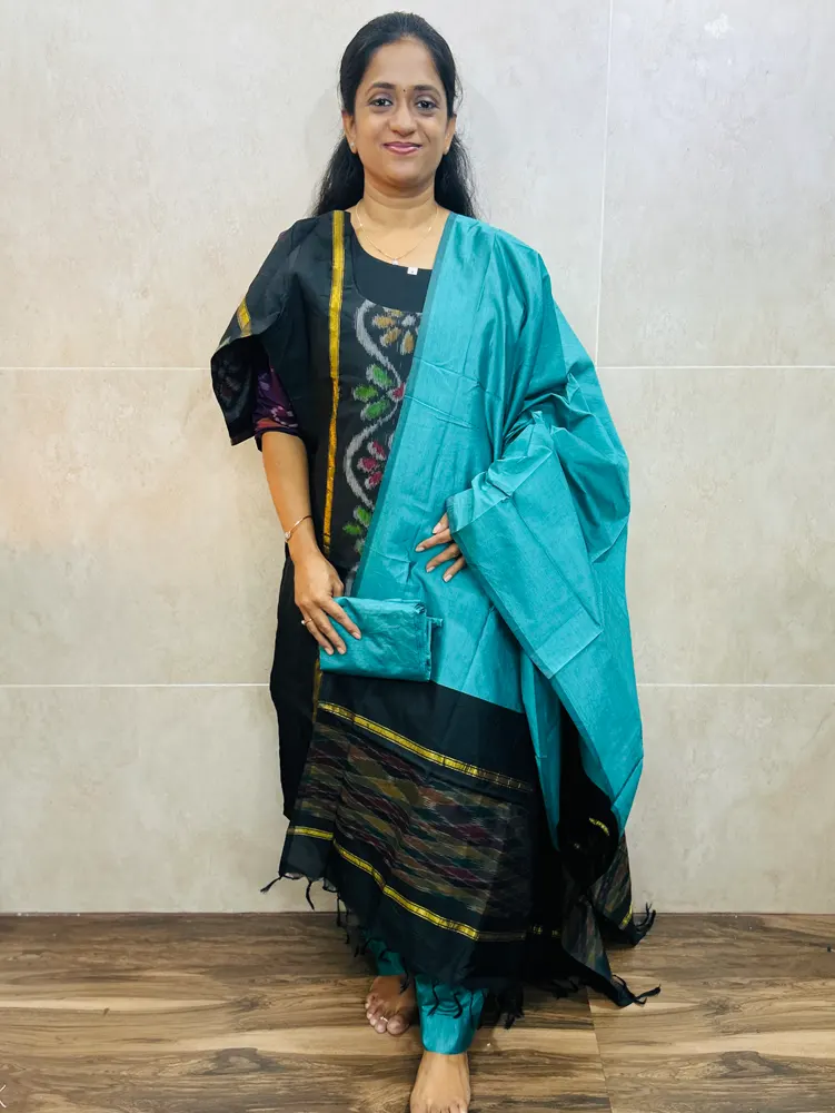 Premium Pochampally handloom silk cotton top (cotton lining) paired with silk cotton dupatta and silk bottom (Free size)