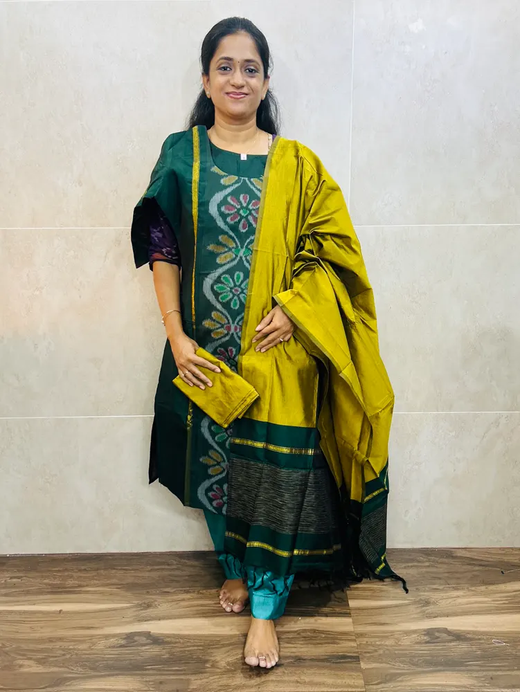 Premium Pochampally handloom silk cotton top (cotton lining) paired with silk cotton dupatta and silk bottom (Free size)