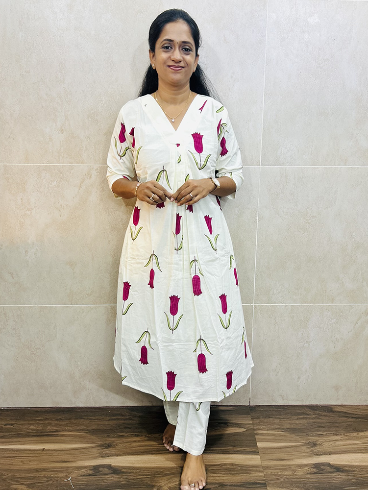 Purple - Printed Jaipur cotton top (cotton lining with 1-side pocket) paired with printed cotton bottom (semi palazzo)