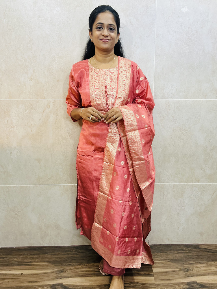 Semi dola silk top (crepe lining) paired with zari weaved semi dola silk dupatta and silk bottom (straight cut)