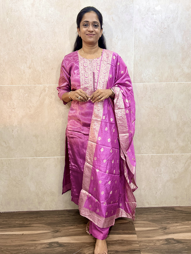 Semi dola silk top (crepe lining) paired with zari weaved semi dola silk dupatta and silk bottom (straight cut)