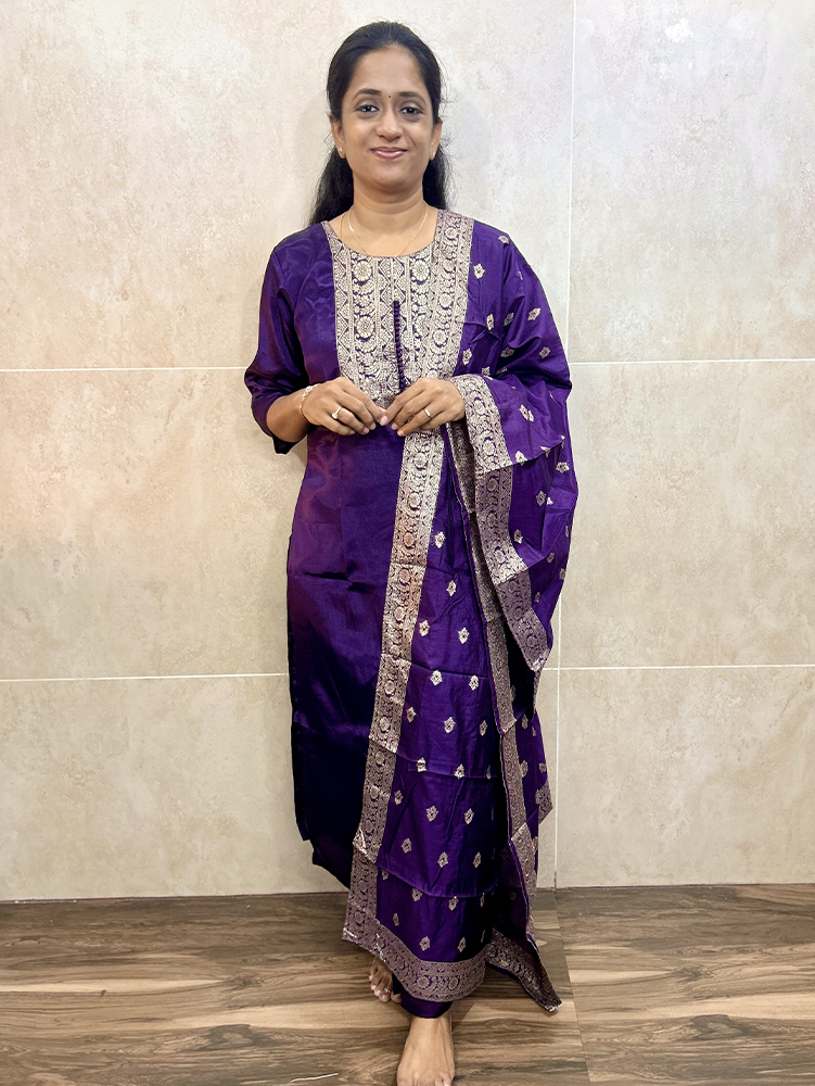 Semi dola silk top (crepe lining) paired with zari weaved semi dola silk dupatta and silk bottom (straight cut)