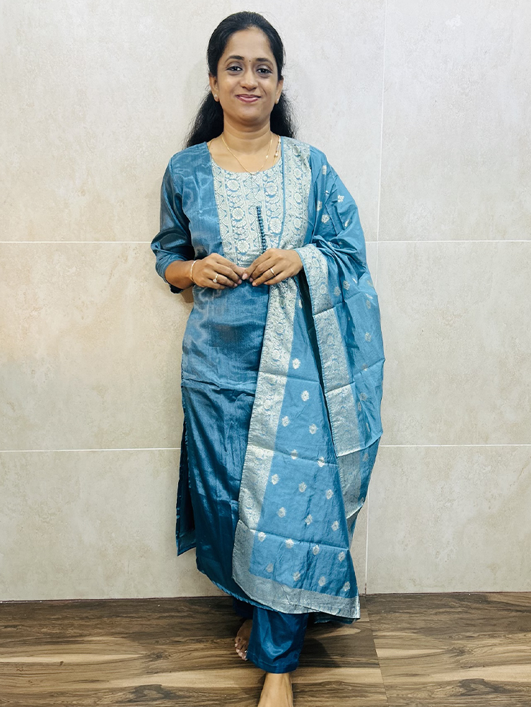 Semi dola silk top (crepe lining) paired with zari weaved semi dola silk dupatta and silk bottom (straight cut)