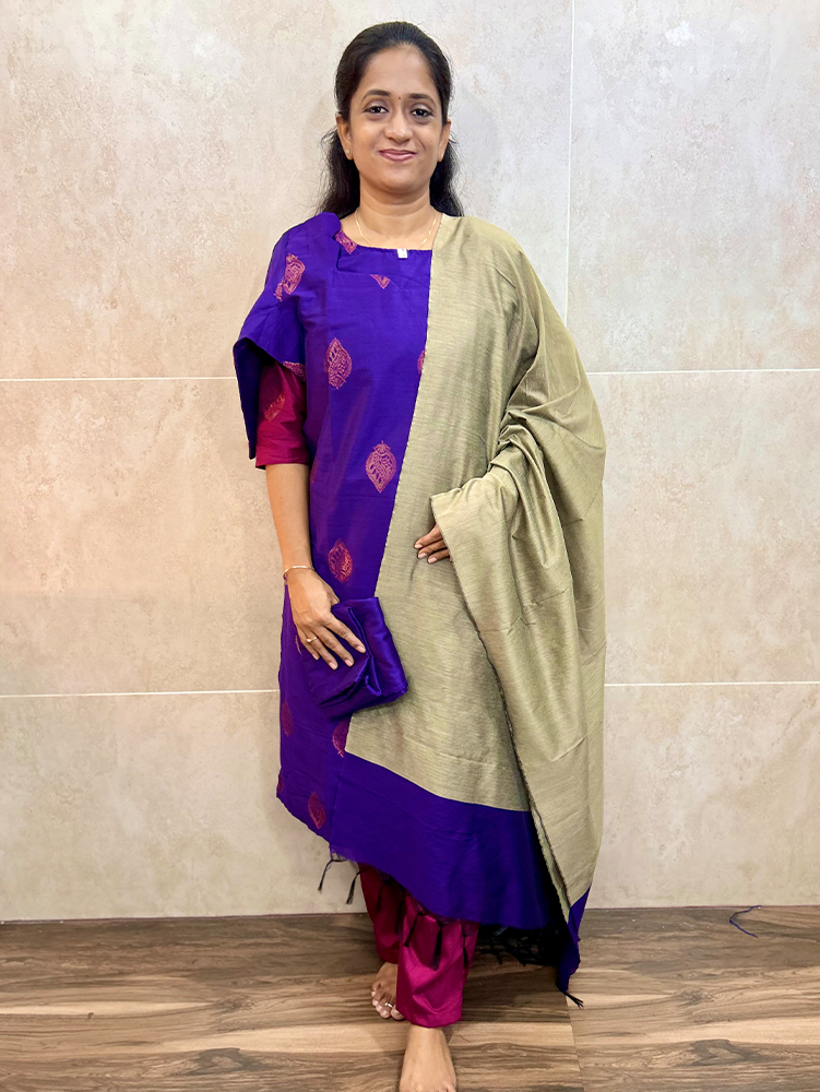 Soft silk top (cotton lining) with copper zari weaving paired with soft silk dupatta and soft silk bottom (free size)