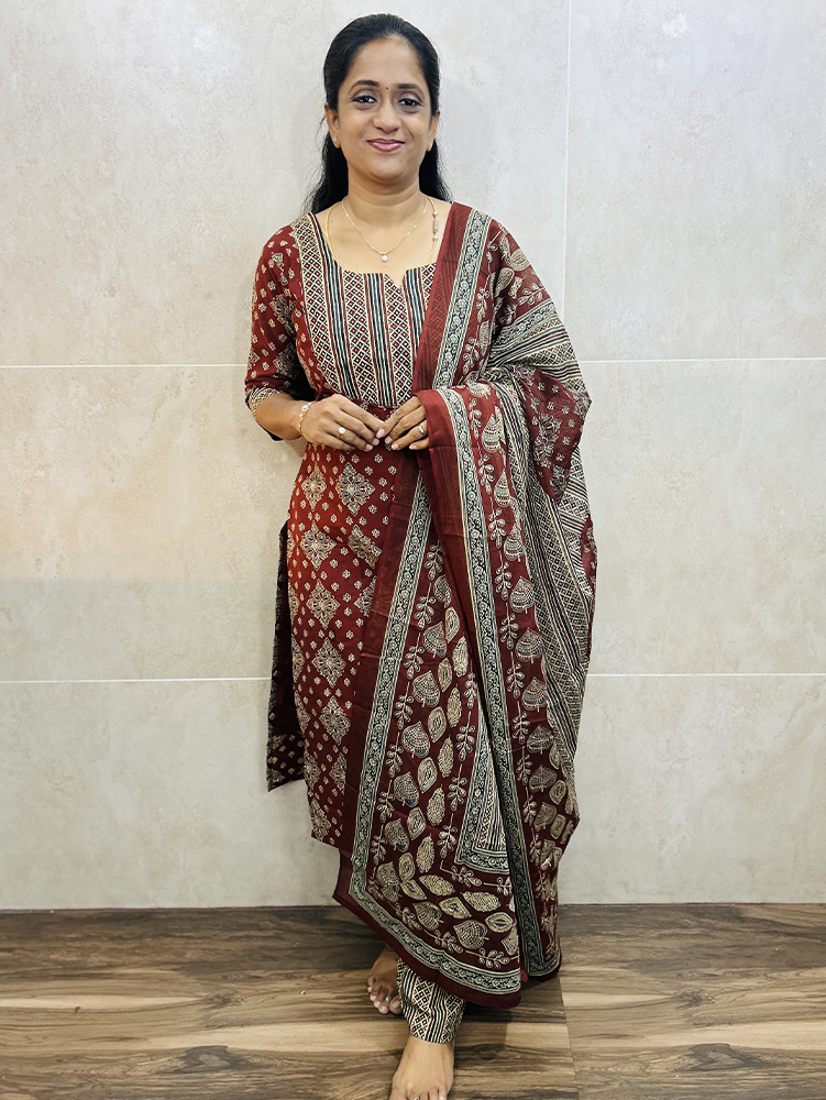 Printed Jaipur cotton top (cotton lining) with hand worked yoke paired with printed cotton dupatta and cotton bottom (Free size)