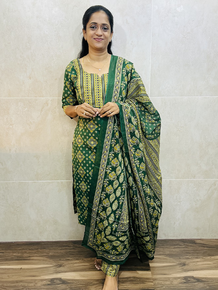 Printed Jaipur cotton top (cotton lining) with hand worked yoke paired with printed cotton dupatta and cotton bottom (Free size)