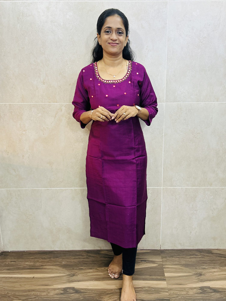 Semi raw silk top (cotton lining) with mirror worked yoke (straight cut)
