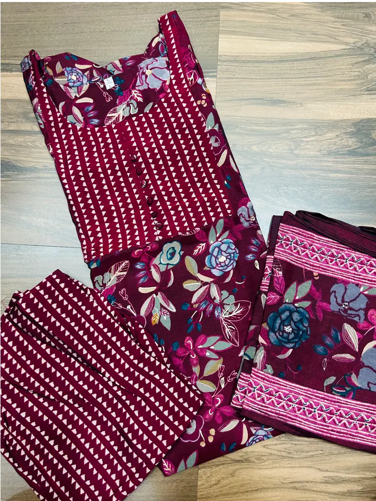 Printed muslin silk top(crepe lining) paired with muslin silk dupatta and silk bottom(straight cut)