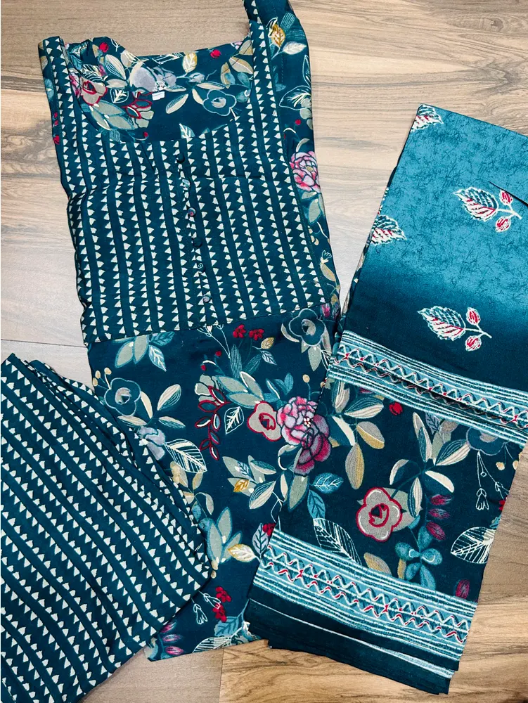 Printed muslin silk top(crepe lining) paired with muslin silk dupatta and silk bottom(straight cut)