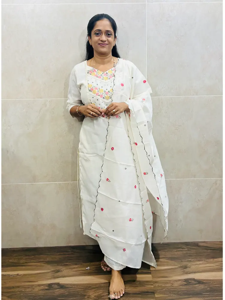 Premium textured soft silk top(crepe lining) with embroidered yoke paired with soft silk dupatta and silk bottom(straight cut)