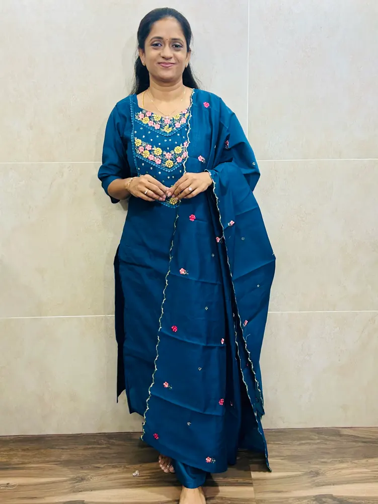 Premium textured soft silk top(crepe lining) with embroidered yoke paired with soft silk dupatta and silk bottom(straight cut)