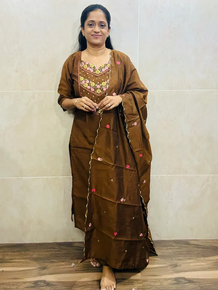 Premium textured soft silk top(crepe lining) with embroidered yoke paired with soft silk dupatta and silk bottom(straight cut)