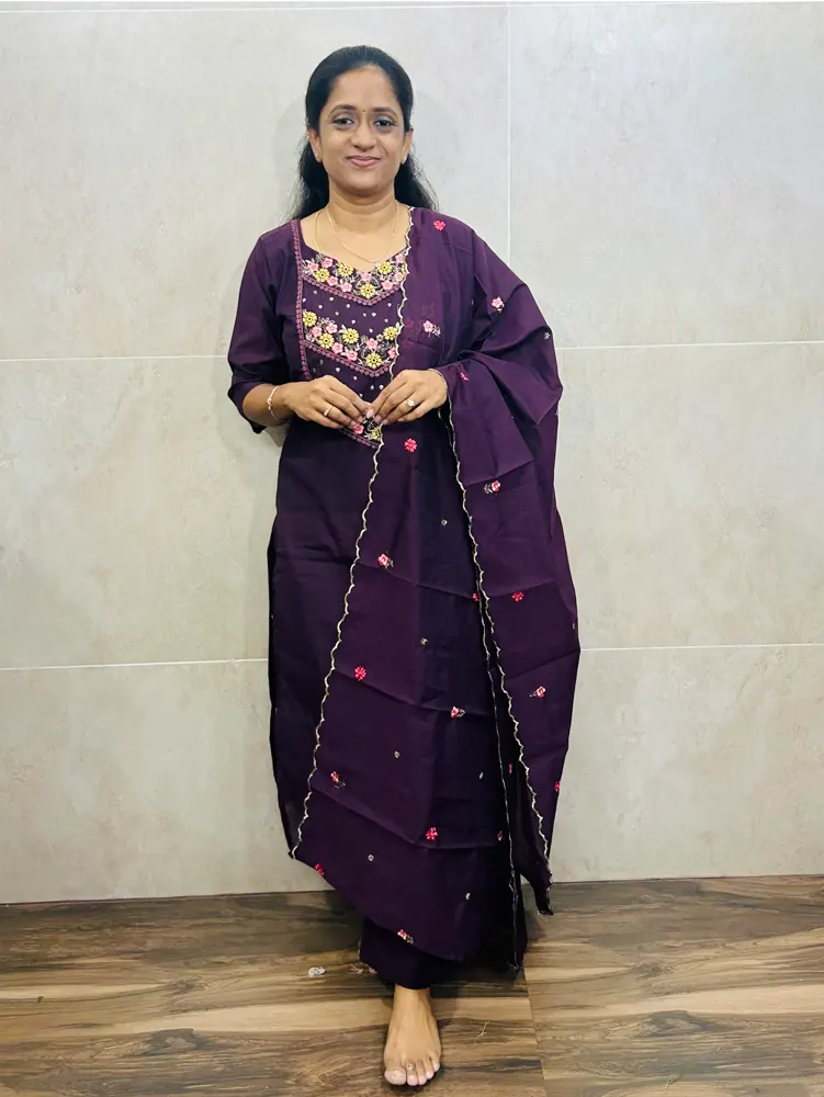 Premium textured soft silk top(crepe lining) with embroidered yoke paired with soft silk dupatta and silk bottom(straight cut)
